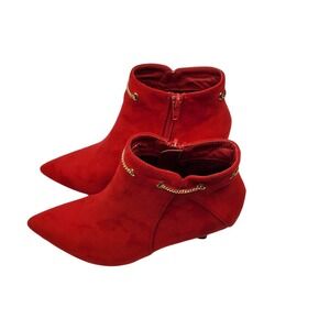 Allegra K Red Suede Pointed Toe Side Zip Stiletto Heel Ankle Booties